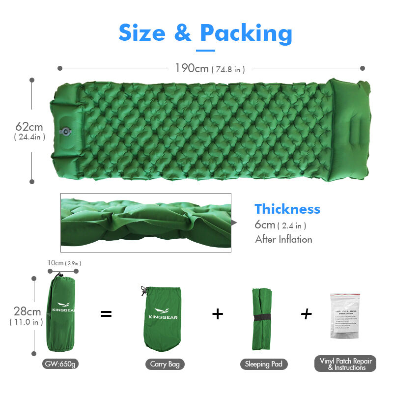 Kinggear 40D Nylon+TPU Inflatable Camping Sleeping Pad with 190×62×6cm Size and Waterproof Design