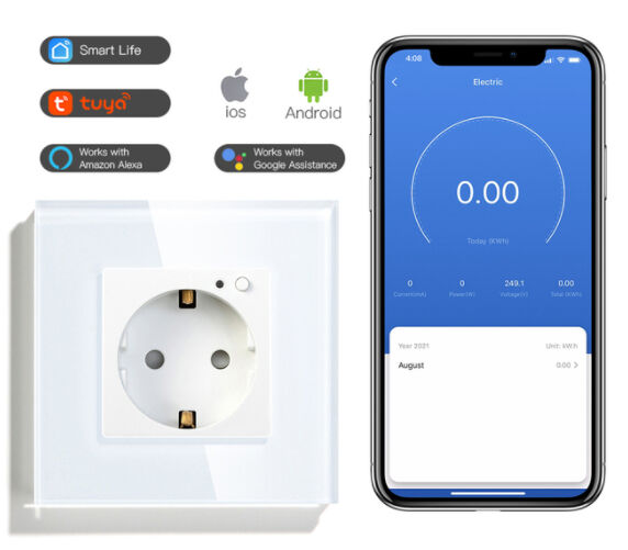 16A Max Current Smart Plug with Tuya APP Remote Control and Tempered Glass Panel WiFi Socket