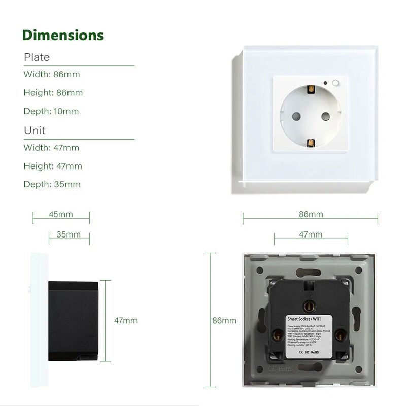 Smart Wall Socket with Tuya Technology and 16A Rated Current Compliant with EU Standards