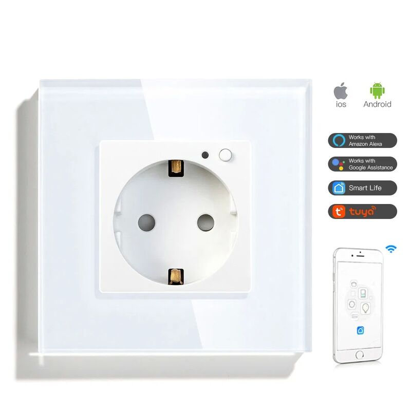 16A Max Current Smart WiFi Socket with Tempered Glass Panel for 110~250V Home Automation