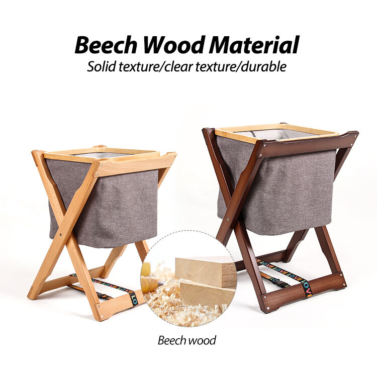 Portable Collapsible Camping Storage Basket with Beech Wood Frame for Outdoor Picnic Organizer