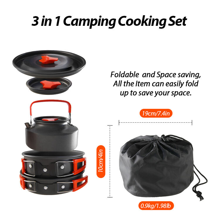 KingGear Portable 3 in 1 Camping Cookware Set with Aluminium Alloy Mess Kit and Cooking Pot Pans