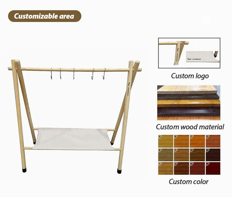 Lightweight Folding Wood Hanger Stand with Custom Logo and 120KG Load Bearing for Outdoor Camping and Picnic Storage