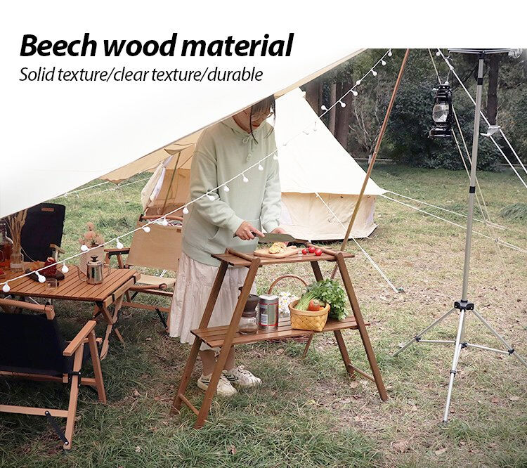 Beech Wood Foldable Storage Rack 80*30*78cm Portable Camping Shelf for Outdoor Use