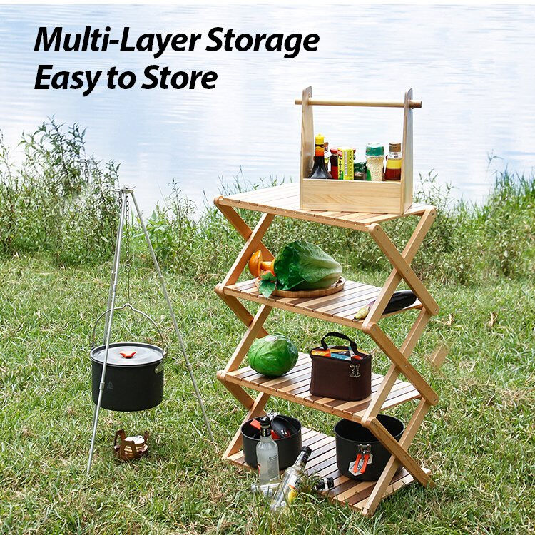 Beech Wood Folding Wooden Rack 75*30*75cm Foldable Camping Storage Shelf for Outdoor Use