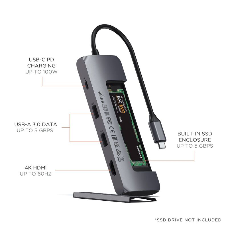 USB-C Multiport Adapter with 100W Power Delivery 4K HDMI Output and Integrated SSD Enclosure